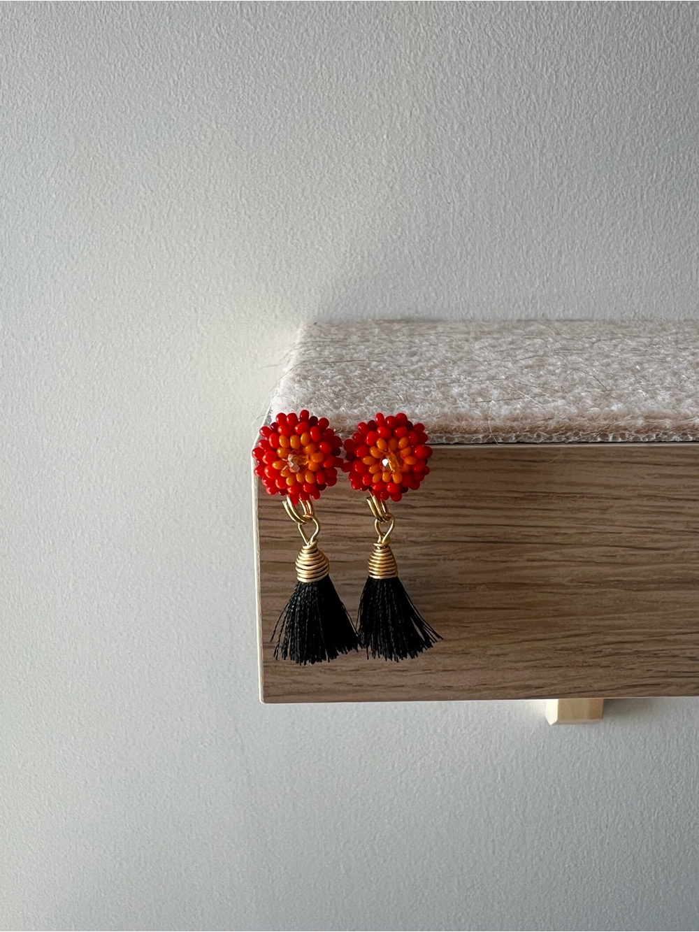Red Beaded Flower Tassel Drop Earrings